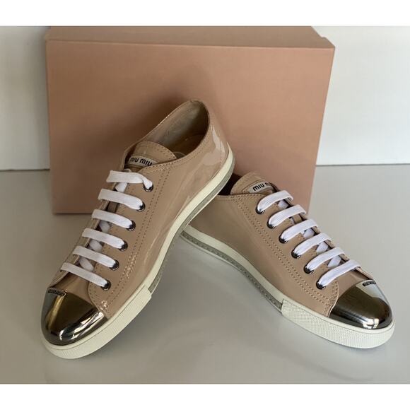 NIB Miu Miu Women's Metal Cap Toe Leather Sneakers (40 Euro) 5E8998 IT - Picture 4 of 8